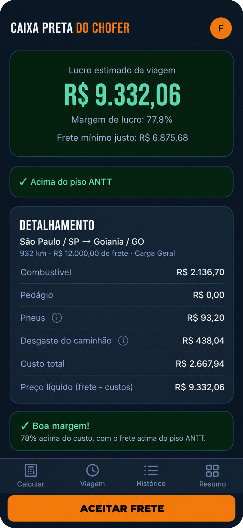 App Caixa Preta do Chofer — resultado do cálculo